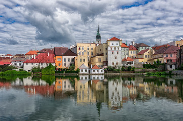 Fototapeta na wymiar Summer view on Czech city Jindrichuv Hradec from Maly Vajgar pond