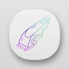 Shaving machine app icon. Haircutting procedure. Barbers beauty device. Male and female haircut tool. UI/UX user interface. Web or mobile applications. Vector isolated illustrations