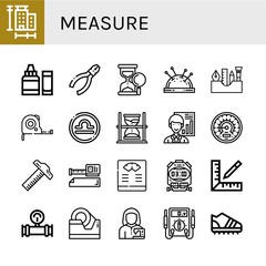 Set of measure icons such as Measure, Ph meter, Pliers, Sand clock, Pin cushion, Painting tools, Measuring tape, Libra, Hourglass, Analyst, Barometer, Ruler, Measure tape ,