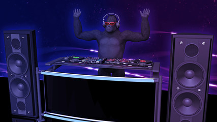DJ gorilla, disc jockey monkey with hands up playing music on turntables, ape on stage with deejay audio equipment, side view, 3D rendering © freestyle_images