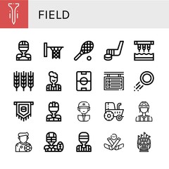 Set of field icons such as Tee, Hockey player, Hoop, Tennis, Hockey stick, Seeder, Wheat, Referee, Football field, Scoreboard, Puck, Baseball player, Tractor, Footballer , field