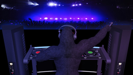 DJ gorilla, disc jockey monkey with microphone playing music on turntables, ape on stage with deejay audio equipment, back view, 3D rendering © freestyle_images