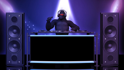 DJ gorilla, disc jockey monkey with microphone playing music on turntables, ape on stage with deejay audio equipment, front view, 3D rendering