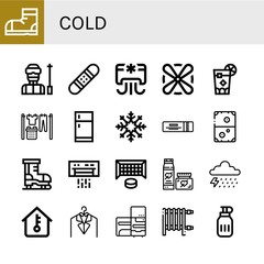 Set of cold icons such as Snow boots, Ski, Snowboard, Air conditioner, Fan, Cuba libre, Laundry, Fridge, Snowflake, Chewing gum, Air hockey, Ice skate, Hockey goal, Cream , cold