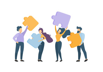 People connect the elements of the puzzle. Strong team. Team business. Vector graphics