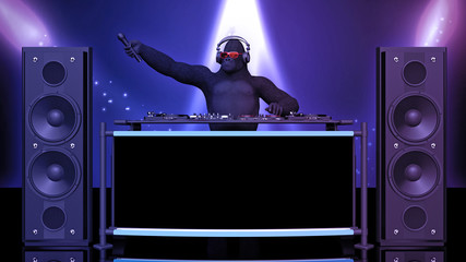 DJ gorilla, disc jockey monkey holding microphone and playing music on turntables, ape on stage with deejay audio equipment, 3D rendering © freestyle_images