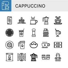 Set of cappuccino icons such as Coffee machine, Cold coffee, Coffee shop, cup, Moka pot, Herbal tea, beans, Grinder, Latte, Bean bag, Instant , cappuccino