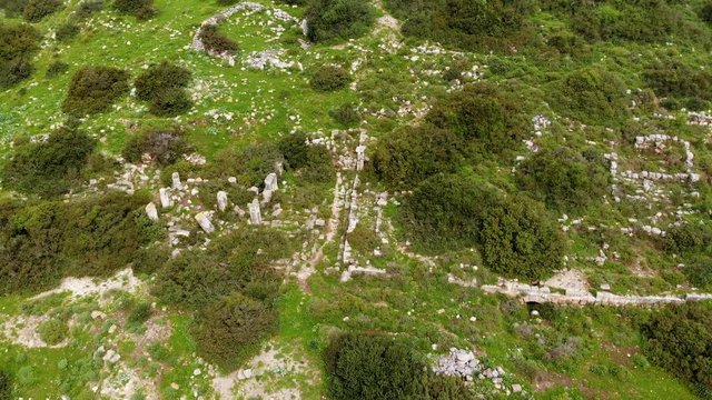 The ruins of the late Hellenic Jewish settlement Hurvat Sumak on Mount Carmel, Israel. View from the drone.