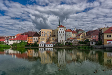 Fototapeta na wymiar Jindrichuv Hradec old town reflecting in Maly Vajgar pond