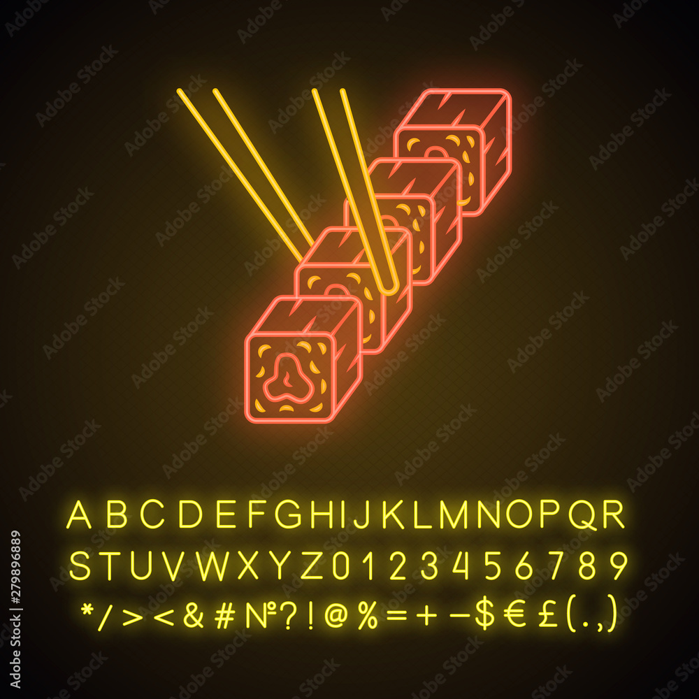 Poster Sushi set with chopsticks neon light icon. Traditional japanese food, seafood. Asian cuisine. Restaurant, cafe menu. Glowing sign with alphabet, numbers and symbols. Vector isolated illustration