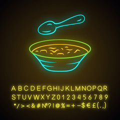 Soup neon light icon. Bowl and spoon, kitchenware. Hot steaming soup plate. First meal. Healthy diet. Nutritious meal. Glowing sign with alphabet, numbers and symbols. Vector isolated illustration