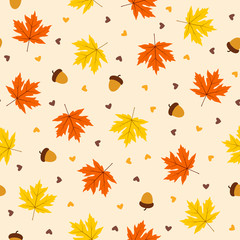 Autumn seamless pattern with leaf on orange background, vector illustration