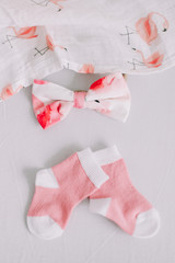 Top view fashion trendy look of baby clothes, fashion concept.  