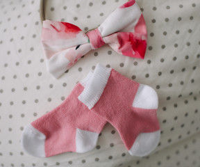 Top view fashion trendy look of baby clothes, fashion concept.  