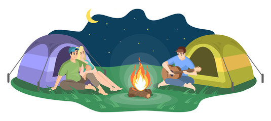 Night camping flat vector illustration