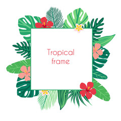 Vector  square frame with leaves of tropical plants. Exotic monstera, banana, palm, hibiscus. Illustration in a flat style