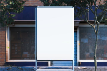 Blank illuminated white outdoor banner stand at day time in the city, 3d rendering.