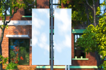 Fototapeta premium Blank roll up mockup. Empty poster template. Street sign, signage, 3d rendering.