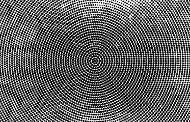 Abstract radial halftone texture. Monochrome background of black dots on white.