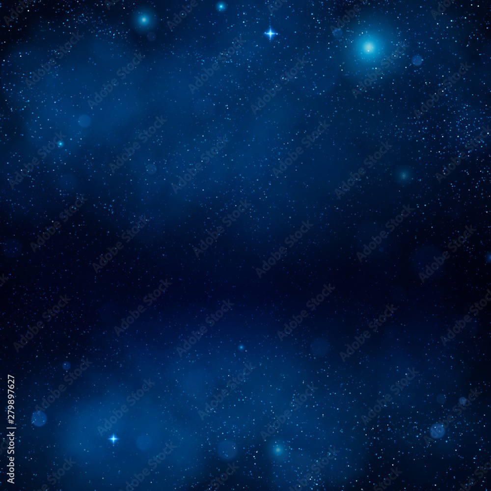 Wall mural Outer space blue nebula backdrop. Night shining starry sky, blue space background. Universe. Galaxy. EPS 10