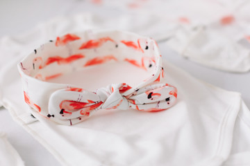 Top view fashion trendy look of baby clothes, fashion concept.  