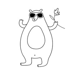 Cute cartoon hipster bear illustration. Funny vector black and white hipster bear illustration. Isolated monochrome hipster bear illustration for various projects.