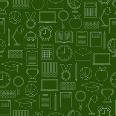 Seamless pattern with school supplies on green background, vector vector illustration