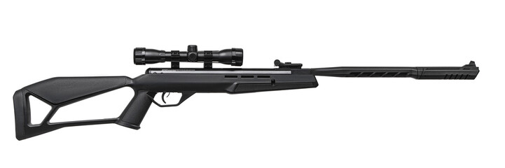 Air rifle with a telescopic sight isolate on a white background. Pneumatic gun. Sports air rifle for accurate aiming shooting.