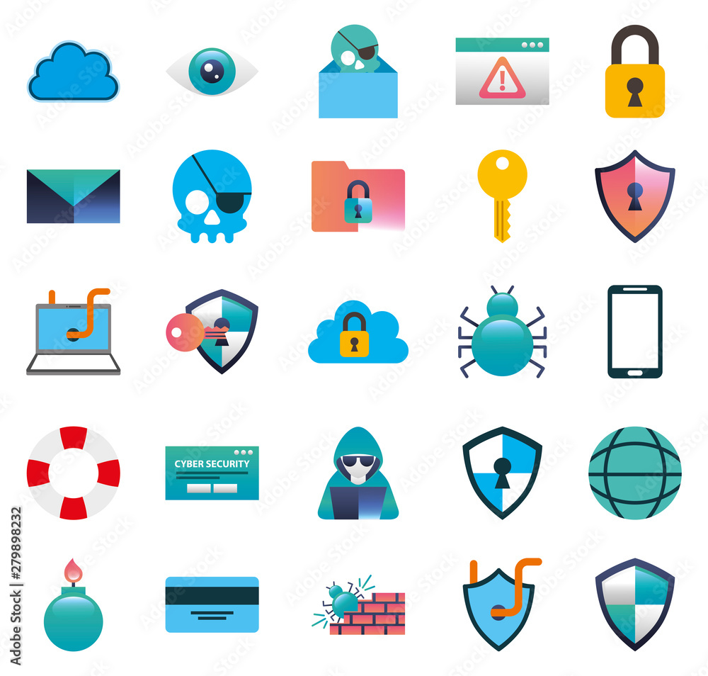 Poster bundle of cyber security colorful set icons