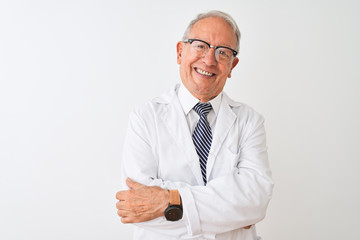 Senior grey-haired scientist man wearing coat standing over isolated white background happy face...