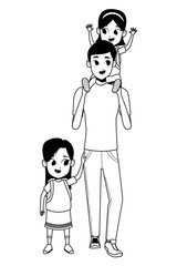 Family single father with children in black and white