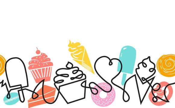 Bakery and Confectionery Shop Background . Pattern with Sweets. Continuous drawing style.