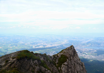 Beautiful view of Lucerne from the height of Pilatus mountain in Switzerland. Alps mountains in...