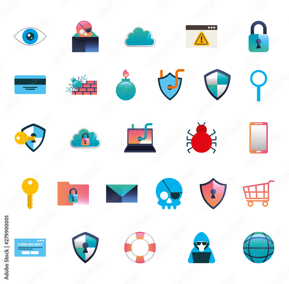 Poster bundle of cyber security colorful set icons