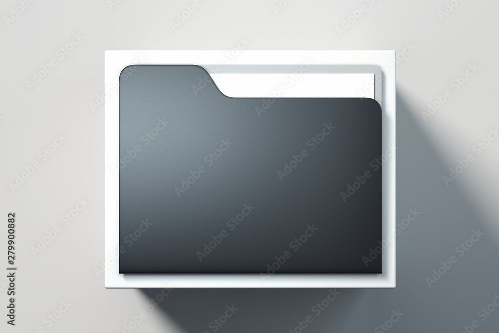 Poster white and black folder with documents and white paper sheet on light background. 3d rendering.