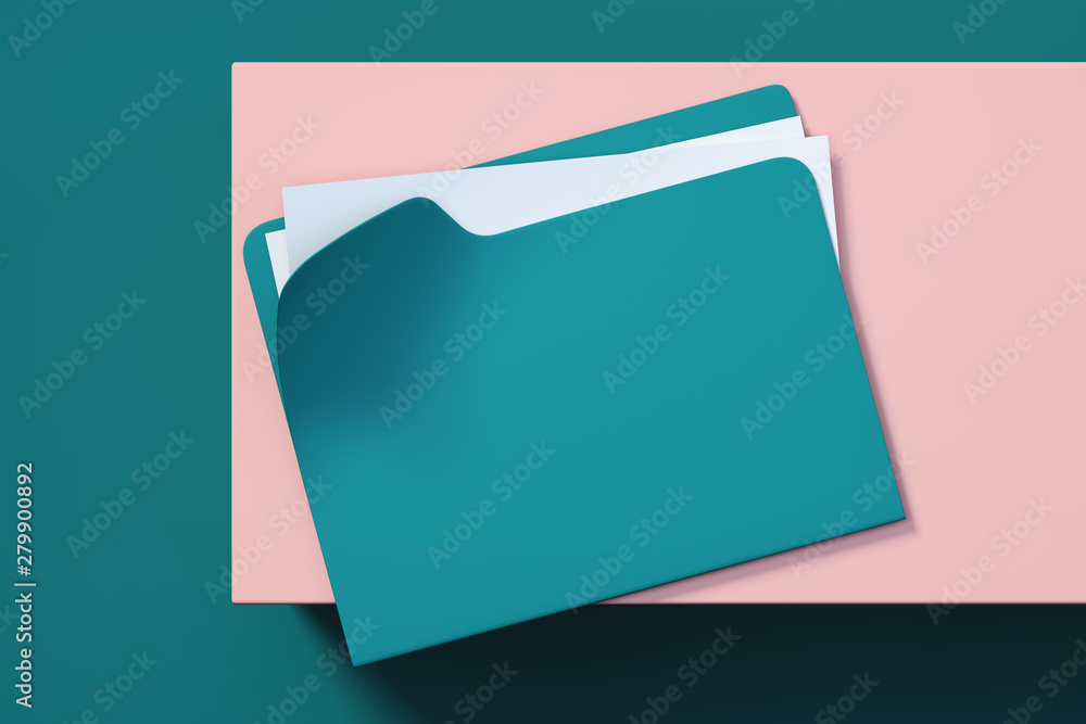 Poster turquoise folder with documents and white paper sheet on multicolored background. 3d rendering.