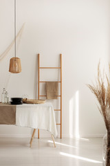 Wooden ladder in the center of minimal living room © Photographee.eu