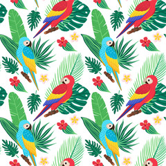 seamless vector pattern with tropical plant leaves and exotic birds. Banana, monstera, palm, hibiscus, frangipani, macaw parrot. Illustration in the style of hand drawn flat. Suitable for background 