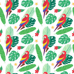 seamless vector pattern with tropical plant leaves and exotic birds. Banana, monstera, palm, hibiscus, frangipani, macaw parrot. Illustration in the style of hand drawn flat. Suitable for background 
