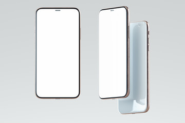 White Mobile phones with blank screens isolated on white background. 3d rendering.