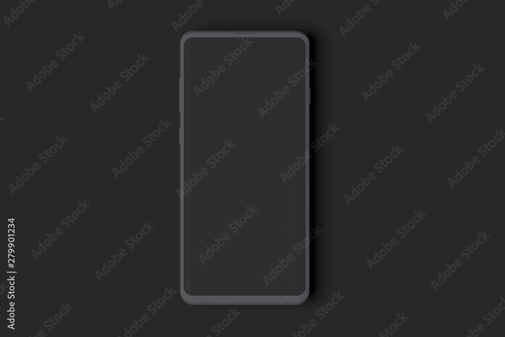 Poster black mobile phone with blank screen isolated on black background. 3d rendering.