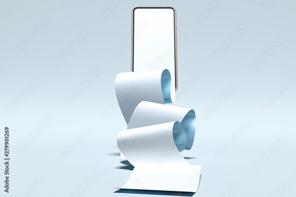 Poster realistic check on mobile phone screen on light background. online shopping and paying concept. 3d r