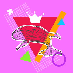 Abstract composition with hand drawn humpback whale in fashion pop art style. Zine culture vector illustration. Creative design concept.