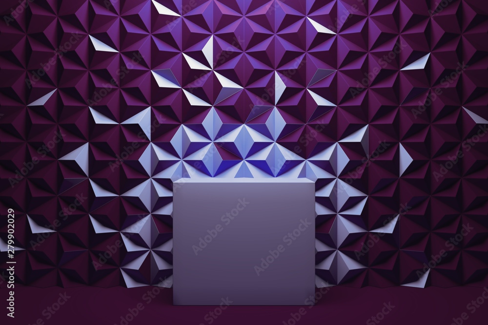 Poster modern showcase with empty space on pedestal on violet geometric background. 3d rendering. minimalis