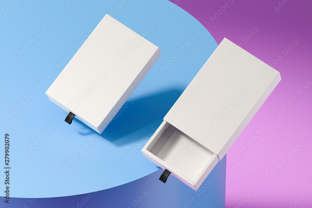 Poster blank white realistic cardboard boxes isolated on multicolored background. 3d rendering.