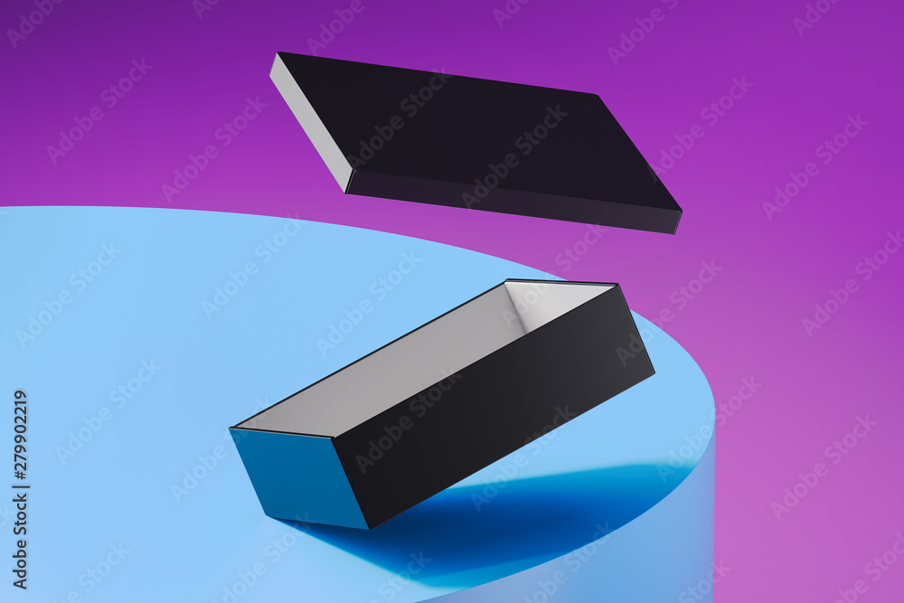 Poster blank black realistic cardboard box isolated on multicolored background. 3d rendering.