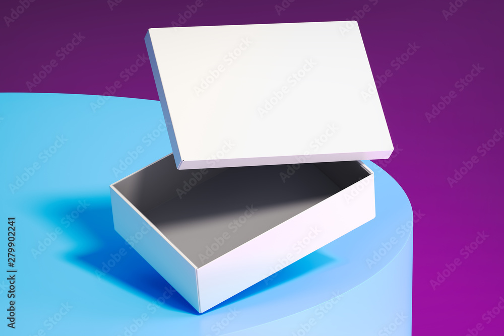 Poster blank white realistic cardboard box isolated on multicolored background. 3d rendering.