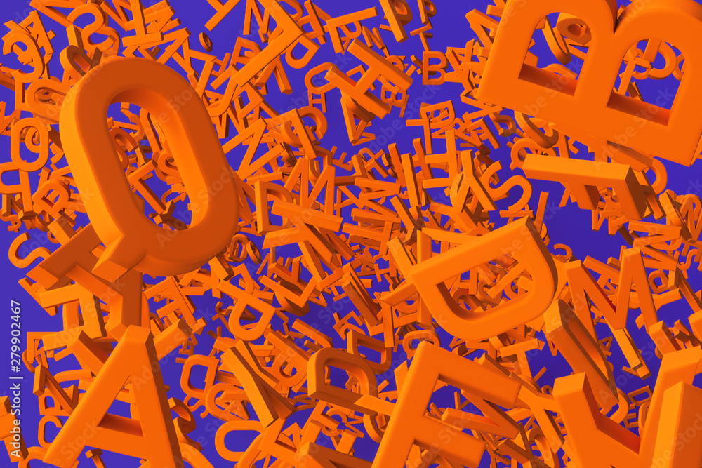 Poster pile of orange realistic letters isolated on violet background. 3d rendering.