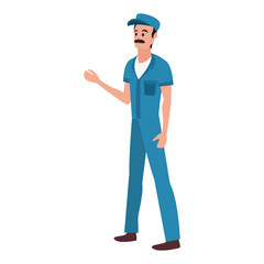 worker cleaning man in uniform and cap