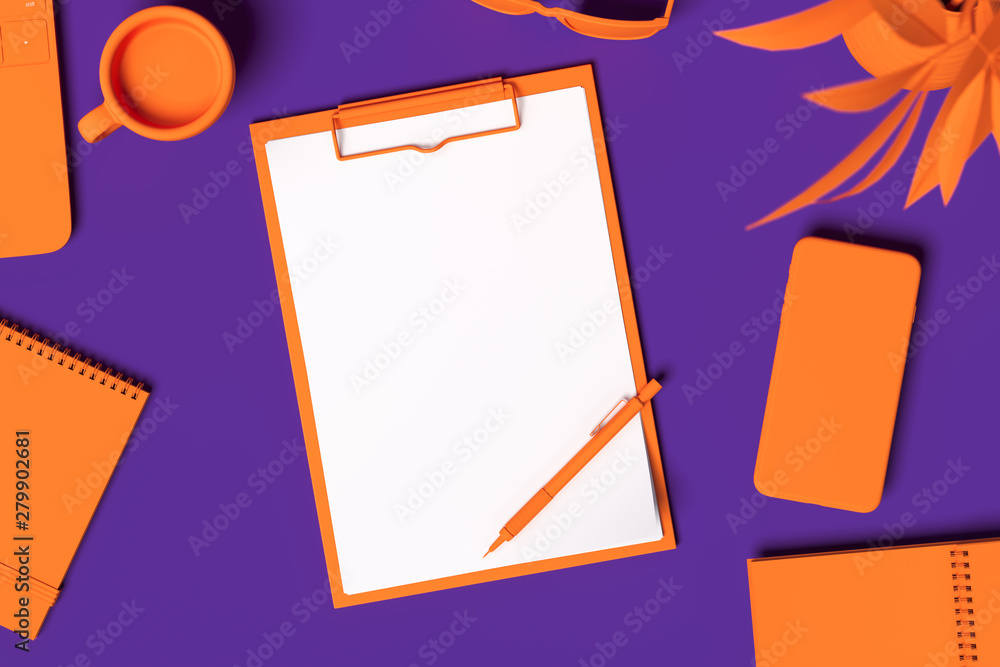 Poster orange realistic clipboard with blank paper sheet isolated on violet background. 3d rendering.